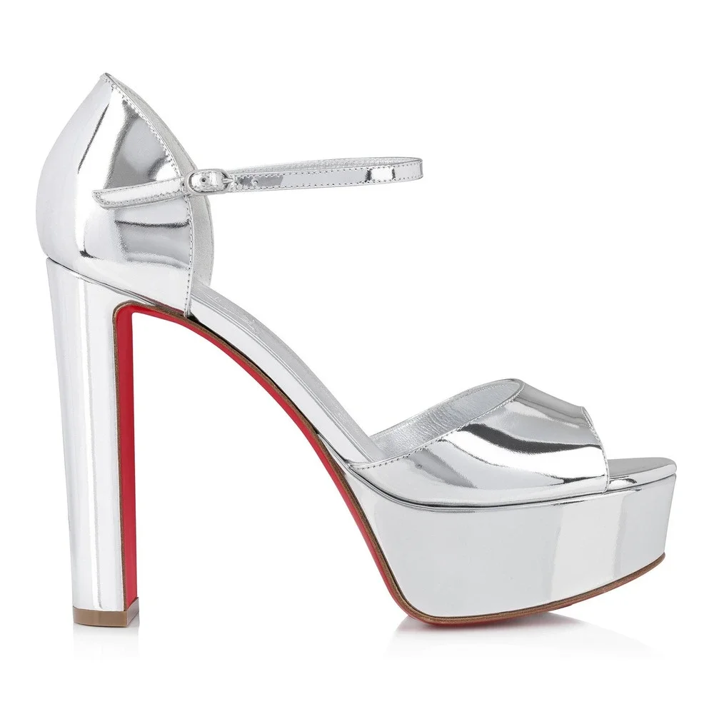 Christian Louboutin Sandaloo 130 Silver Strap Platform Block Heel Sandal Pump 40